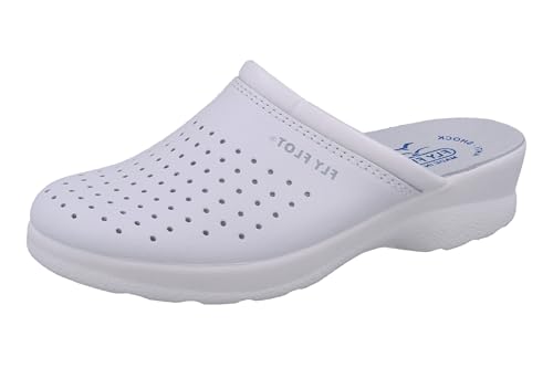 Fly Flot | Woman Professional, Zoccoli Sanitari Donna, Ciabatta Con Tomaia In Pelle Forata, Sottopiede In Pelle Scamosciato, Bianco, 41