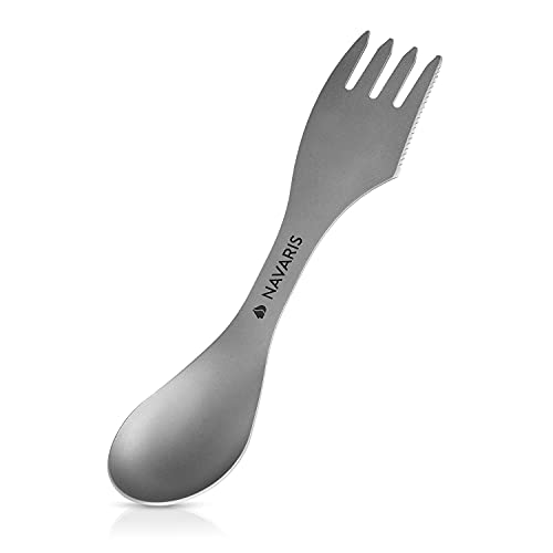 Navaris Posata Da Campeggio 3 In 1 In Titanio - Spork Forchetta Coltello Cucchiaio Ultra Leggero Per Camping Trekking Picnic - Custodia Inclusa