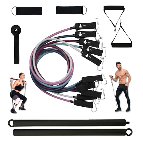 Fitpaddy® - Kit Elastici Fitness Professionale Con 5 Fasce Elastiche E Carico Da 5 A 46 Kg. Due Maniglie Ergonomiche, Una Barra 90 Cm, Un Ancoraggio P