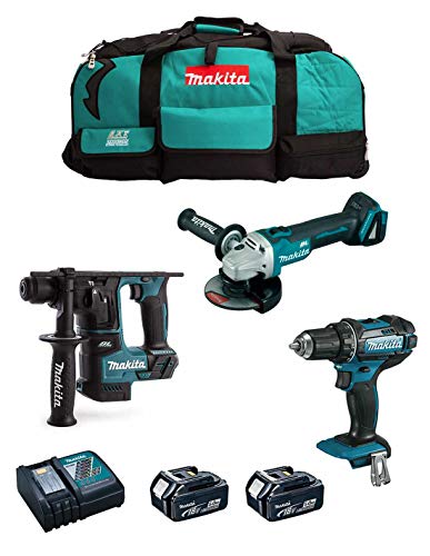 Makita Kit Mk301 (Trapano Avvitatore Ddf482 + Tassellatore Dhr171 + Mini-Smerigliatrice Dga504 + 2 Batterie 5,0 Ah + Caricabatterie + Lxt600)