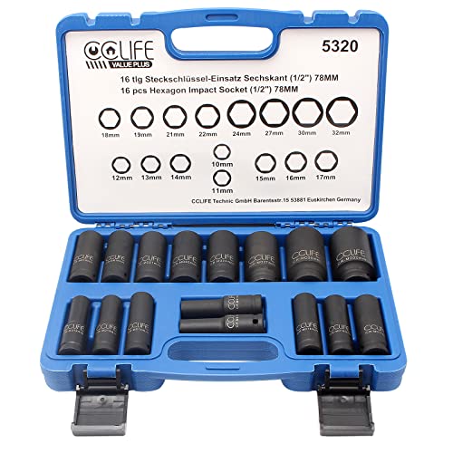 Cclife Set Bussole A Impatto, Bussole A Impulsi Profondo Da 1/2" Prese Metriche Esagonale 10-32 Mm, 16 Pezzi