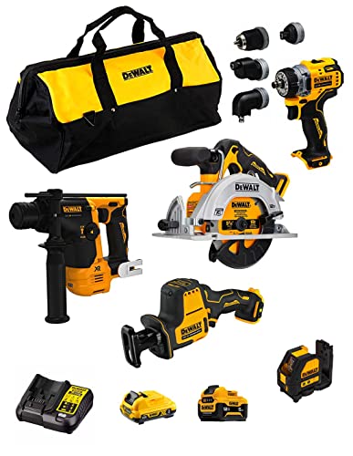 Dewalt Kit D12K503 (Dcs512 + Dcs312 + Dcd703 + Dch072 + Dce088 + 1 Batteria 3,0 Ah + 1 Batteria 5,0 Ah + Caricabatterie + Borsa)