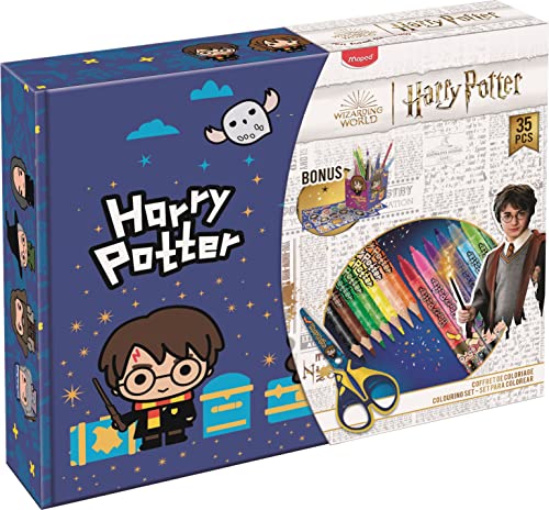 Maped - Cofanetto Harry Potter 34 Pezzi - 12 Pennarelli + 12 Matite Colorate + 1 Forbice + 1 Taglia-Raggio + 1 Gomma + 5 Tavole Da Colorare + 2 Tavole