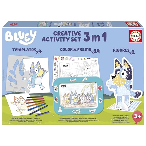 Educa - Set Creativo Bluey 3 In 1 Con Tre Attività: Dipingere Con I Numeri, Creare 2 Figure 3D Da Decorare E Disegnare I Personaggi Della Serie Bluey