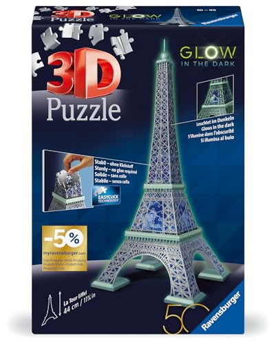 Ravensburger - Puzzle 3D 50° Anniversario: Tour Eiffel Glow In The Dark, Parigi, Per Adulti E Bambini 10+ Anni, Idea Regalo, 216 Pezzi