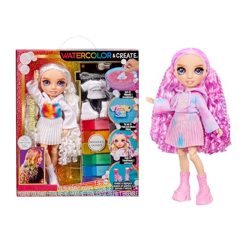 Rainbow High Watercolour & Create Diy Fashion Doll Con Acquerelli Lavabili E Kit Tie-Dye - Occhi Viola, Capelli Ricci, Top E Scarpe Extra - Colora, Cr