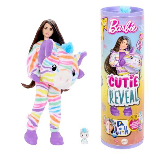 Barbie - Cutie Reveal Serie Color Dream, Bambola Con Costume Da Zebra Di Peluche Arcobaleno E 10 Accessori A Sopresa Con Effetto Cambia Colore, Giocat