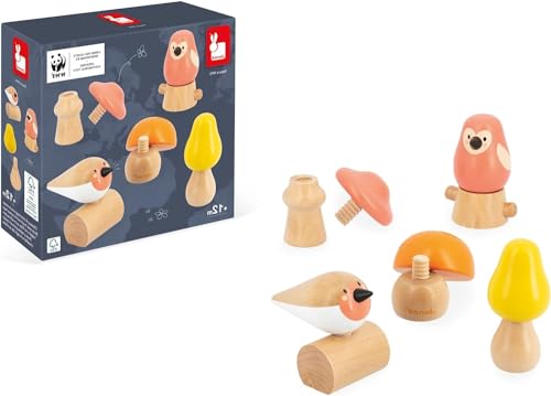 Janod 2 Uccellini E 3 Funghi Da Avvitare-Giocattolo Multisensoriale Prima Infanzia-In Legno Fsc-Collaborazione Con Wwf-Dai 18 Mesi, J08643, Multicolor