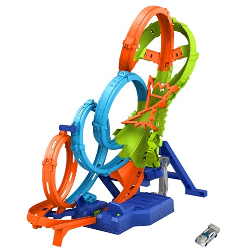 Hot Wheels - Mega Loop Super Scontri, Pista Ripiegabile Con 3 Anelli, Zona Di Scontro A 3 Corsie E Boost Motorizzato, Include Una Macchinina In Scala 