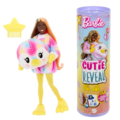 Barbie - Cutie Reveal Serie Color Dream, Bambola Con Costume Da Pinguino Di Peluche Tye-Die E 10 Accessori A Sopresa Con Effetto Cambia Colore, Giocat