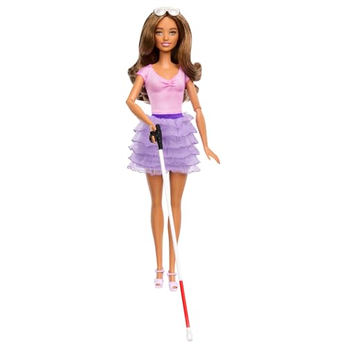 Barbie - Bambola Fashionistas N. 228, Barbie Cieca Con Top Rosa E Gonna, Bastone E Occhiali Da Sole In Collaborazione Con L'American Foundation For Th