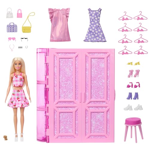 Barbie - Armadio Dei Sogni, Playset Con Bambola Bionda Alla Moda, Armadio Largo 90+ Cm Con 25 Vestiti E Accessori, 3 Look Completi Inclusi, Giocattolo