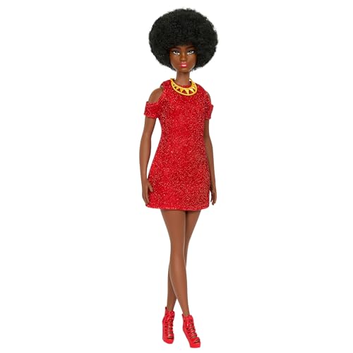 Barbie - Bambola Fashionistas N. 221 Da Collezione 65° Anniversario, Con Capelli Neri Naturali, Accessori Moderni E Abito Rosso Per Un Look Stile 1980