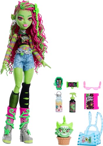 Monster High - Venus Mcflytrap, Bambola Con Outifit Alla Moda E Personaggio Gatto-Pianta Carnivora Chewlian, Tanti Accessori Inclusi, Giocattolo Per B