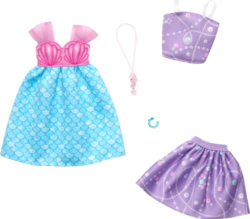 Barbie Confezione Da 2 Pezzi Alla Moda, Abito A Sirena, Top Viola + Gonna, Collana Con Cavalluccio Marino Rosa E Un Braccialetto Blu