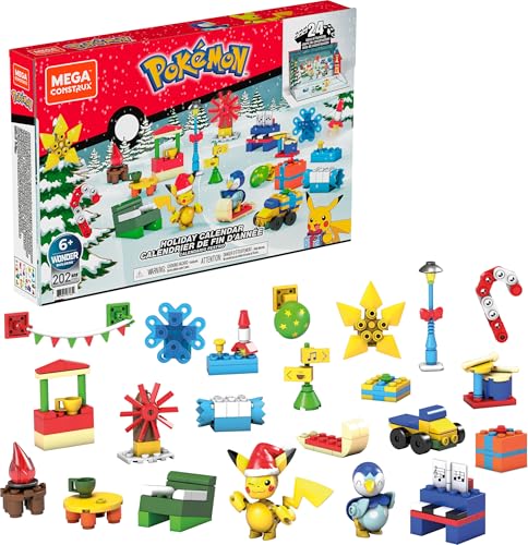 Mega Pokémon - Calendario Dell'Avvento, 24 Sorprese Natalizie A Tema Pokémon Da Scoprire, Include 2 Pokémon Snodati Da Costruire, Pikachu E Piplup, Gi