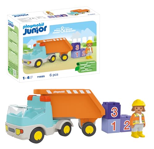 Playmobil Junior 71685 Camion Del Cantiere, Inclusi Operaio Edile E Tre Pietre Impilabili, Giocattolo Sostenibile Realizzato In Plastica A Base Vegeta