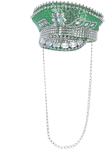 Smiffys Cappello Da Capitano Fever Deluxe Borchiato Con Paillettes, Verde, Con Catena