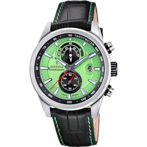 Festina Orologio Da Uomo F20695/3 Timeless Chronograph Cassa In Acciaio Inossidabile 316L Argento Cinturino In Pelle Nera, Verde