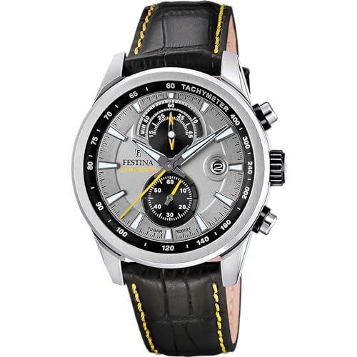 Festina Orologio Da Uomo F20695/4 Timeless Chronograph Cassa In Acciaio Inossidabile 316L Argento Cinturino In Pelle Nera, Grigio, Striscia