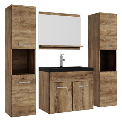 Badplaats B.V. Mobile Da Bagno Montreal Xl 60Cm Rovere Marrone - Armadio Mobiletto Lavabo Nero