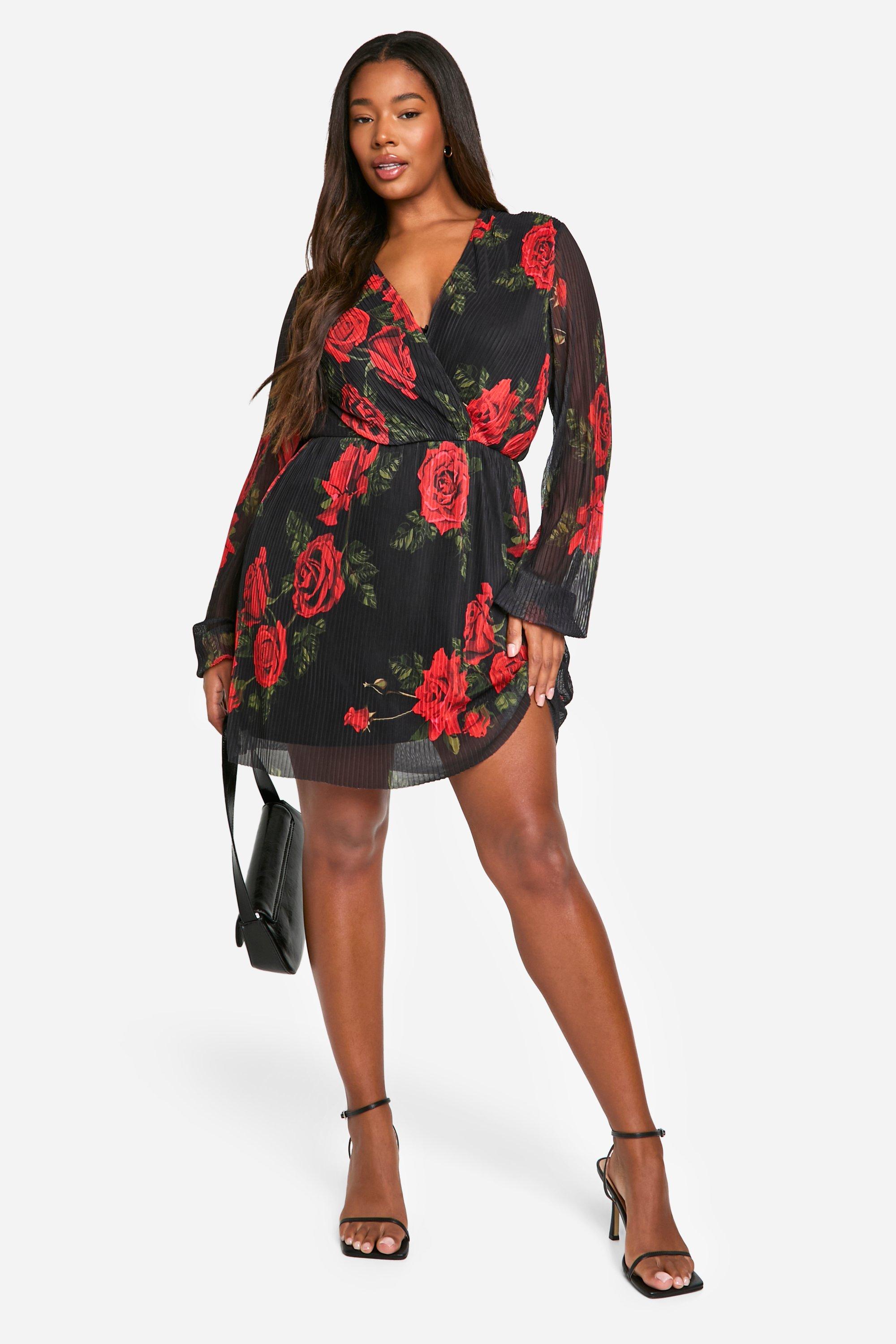 Plus Rose Print Plisse Skater Dress, Nero