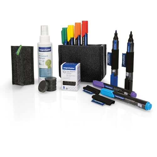 Magnetoplan Whiteboard Essentials - Kit Pratico In Grigio, Con Cancellatore Magnetico Per Lavagna, 8 Pennarelli, 4 Portapenne, Lavagnetta E 10 Magneti