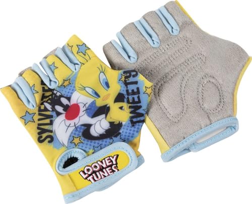 Warner Bros Coppia Guanti Bici Bambino Bambina Looney Tunes Titti Silvestro Senza Dita Giallo Azzurro Cartoni Animati