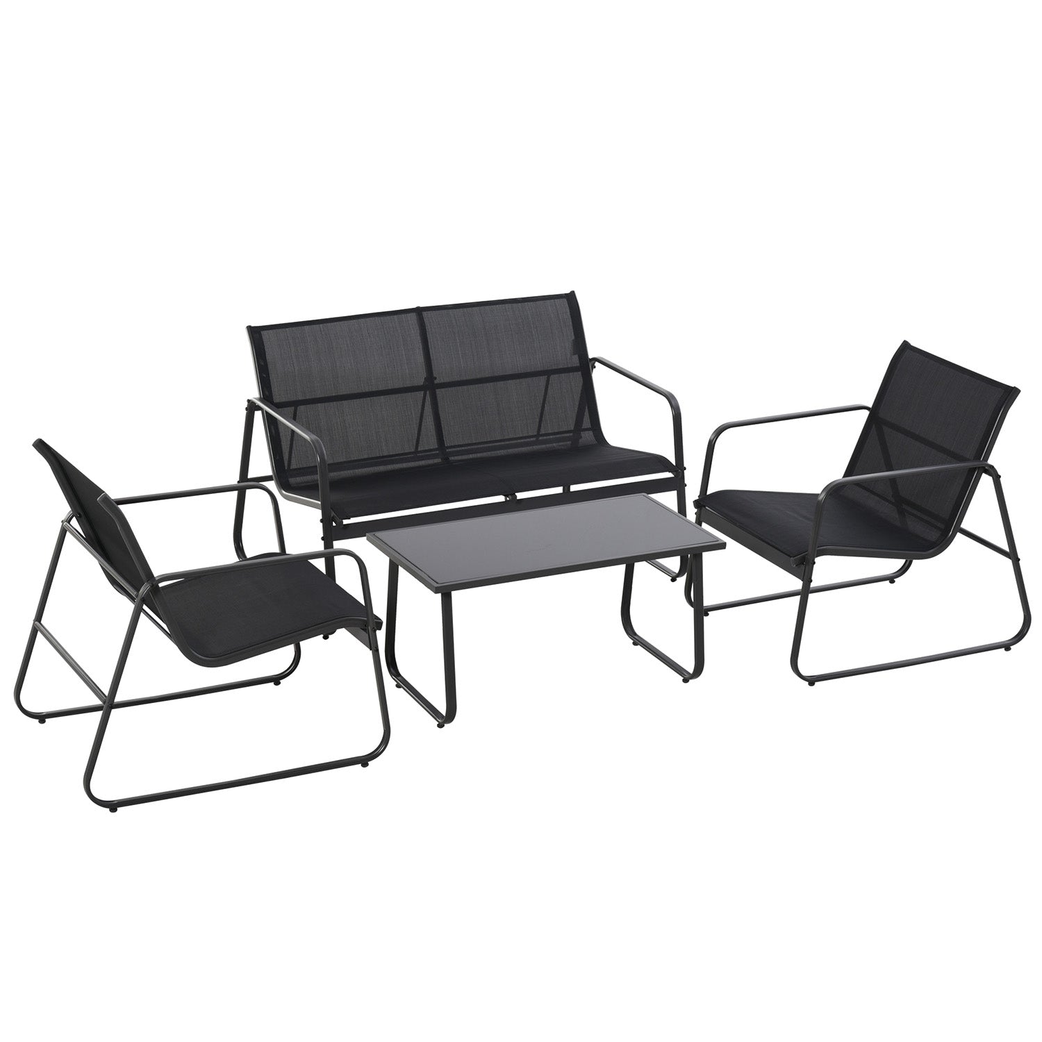 Sakura - salottino da giardino di design con divanetto + 2 poltrone + tavolino da caff con ripiano in vetro. set lounge da esterno 4 pezzi in metallo