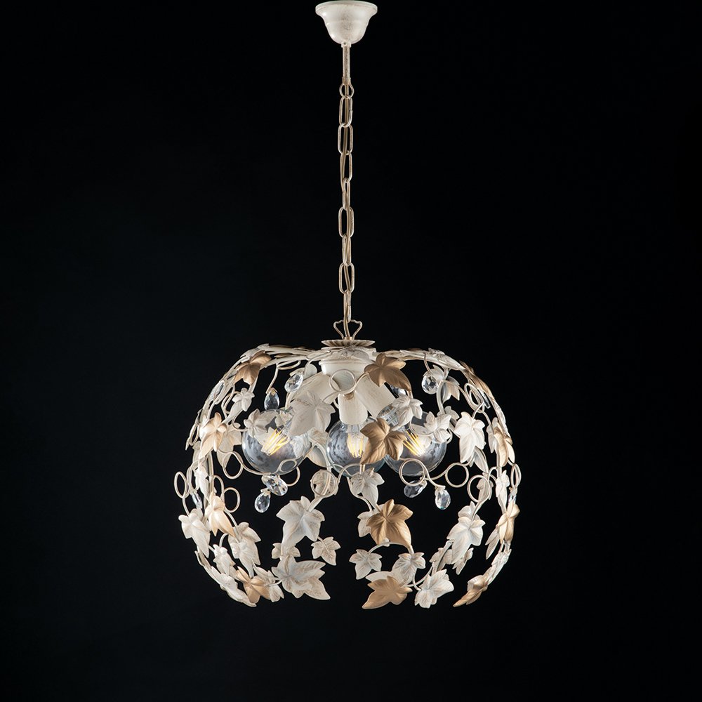 Lampadario shabby 3 luci ferro battuto avorio oro foglie e cristalli serie edera