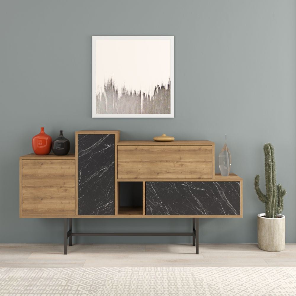 Madia hermes colore hitit noce con ante e cassetti effetto marmo nero 160 cm