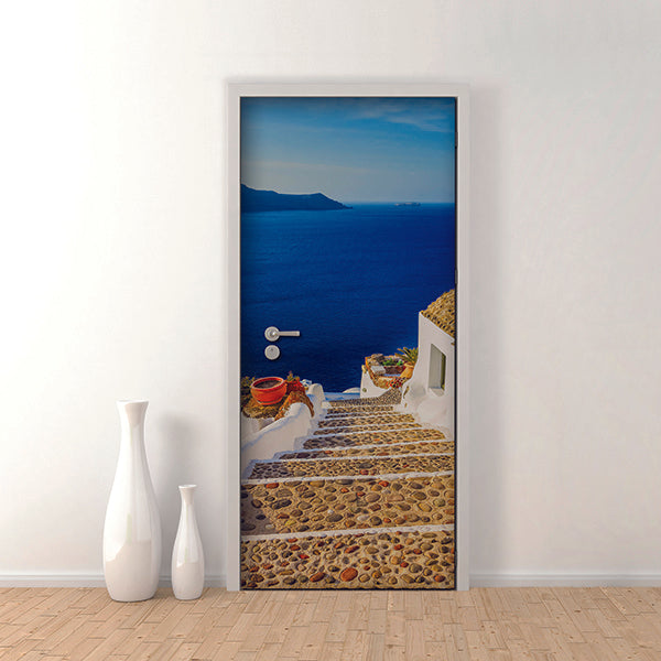 Decorazione per porta autoadesiva facile da applicare 210x83 cm door cover santorini scalinata