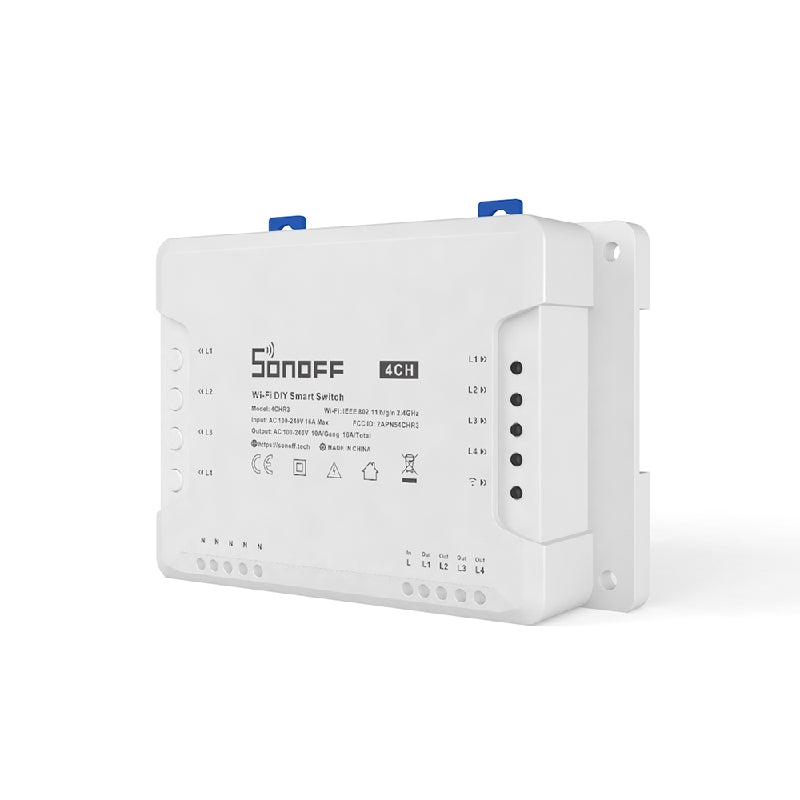 Sonoff 4chr3 canali montaggio su barra din interruttore wi-fi per realizzazione impianto domotica fai-da-te (smart home diy), controllo remoto di quat