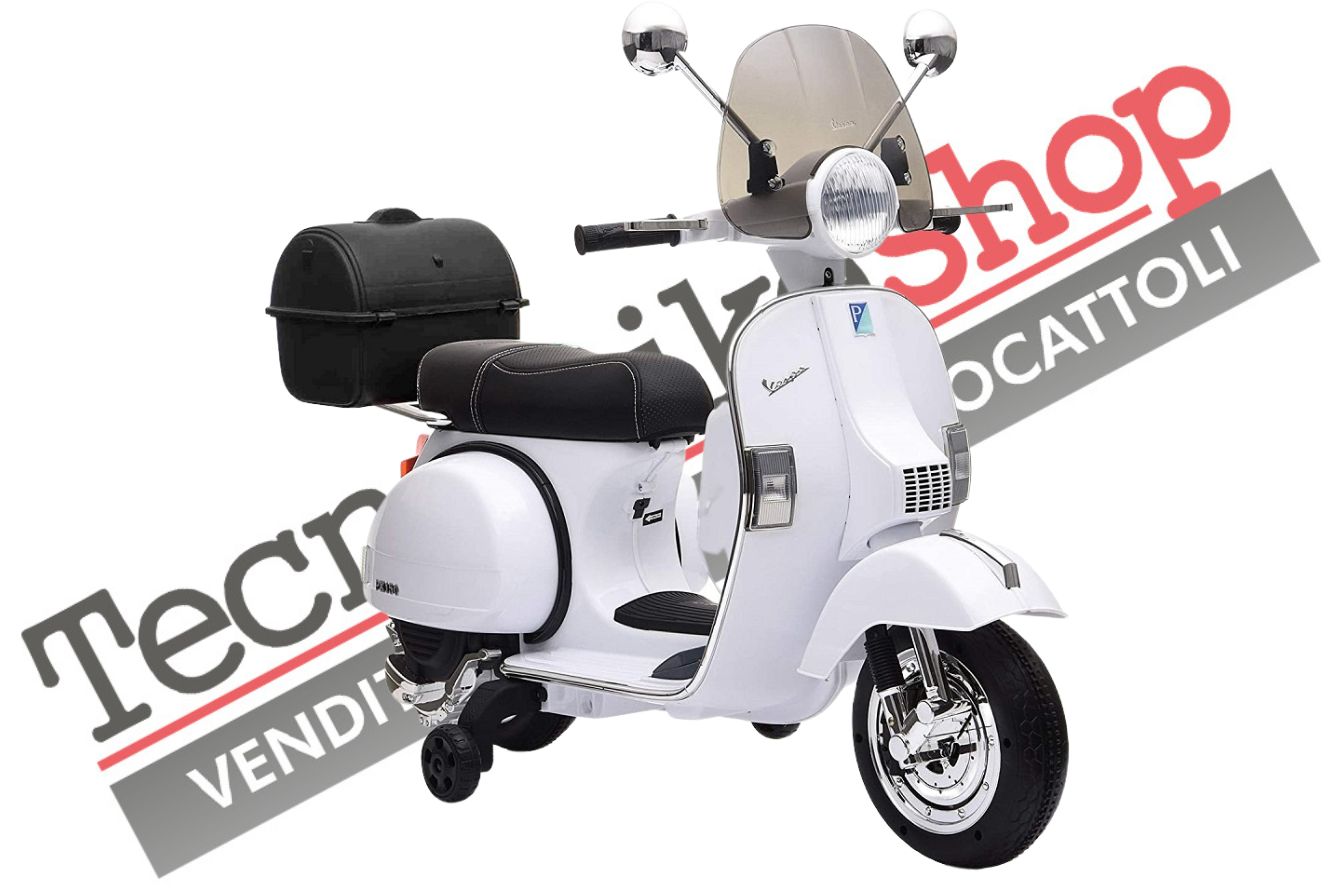 Moto scooter elettrico per bambini piaggio vespa px150 full con parabrezza e bauletto 12v-bianco