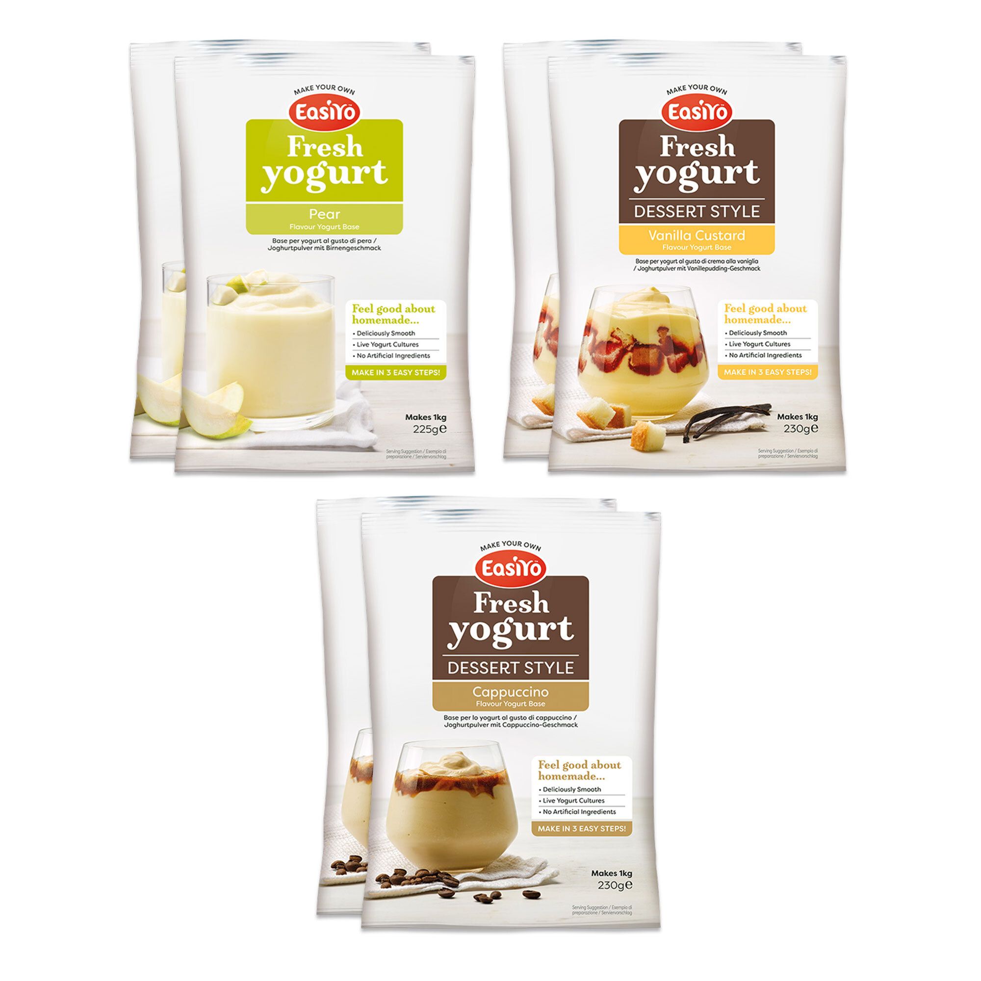 Easiyo 6 kg di yogurt: Crema Vaniglia, Cappuccino, Pera