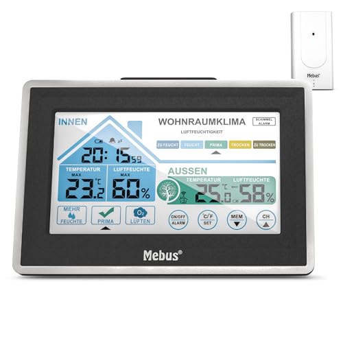 Mebus Funkgesteuerte Wetterstation Mit Außensensor, Touch Display, Thermometer/Hygrometer, Wohlfühlindikator Bewertet Raumklima Per Temperatur/Luftfeu