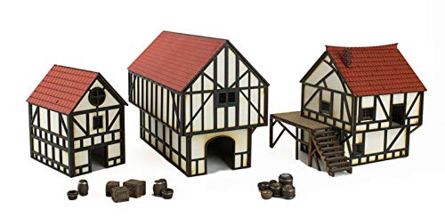 War World Gaming Medieval Town (Città Medievale) Set Con Cottage, Casa Di Città E Granaio (Dipinti/Non Dipinti) E Accessori In Resina - 28Mm Wargaming