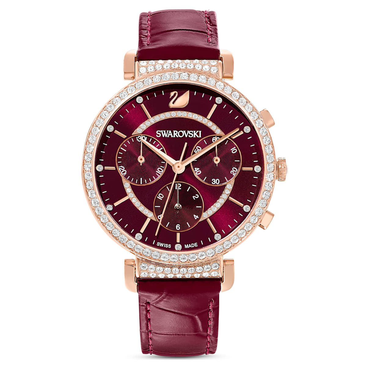 Passage Chrono horloge, Swiss Made, Lederen band, Rood, Roségoudkleurige afwerking