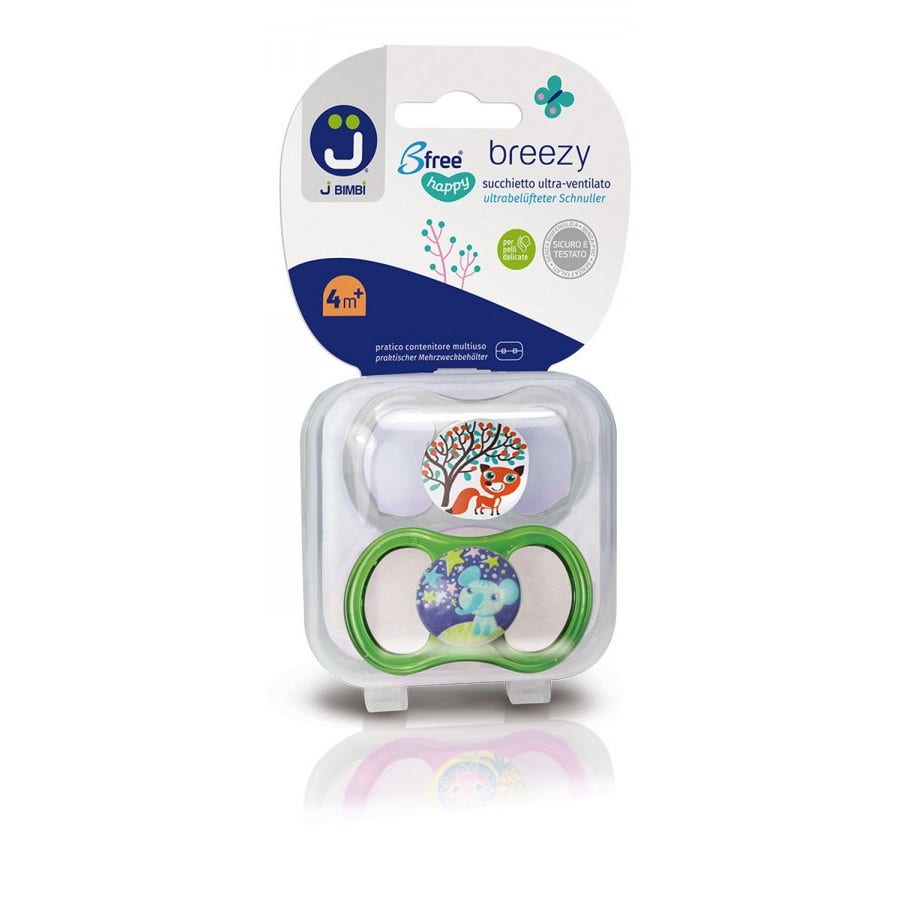 J Bimbi B Free Breezy Happy Succhietto Silicone Trasparente/Verde 2 Pezzi 4 Mesi+