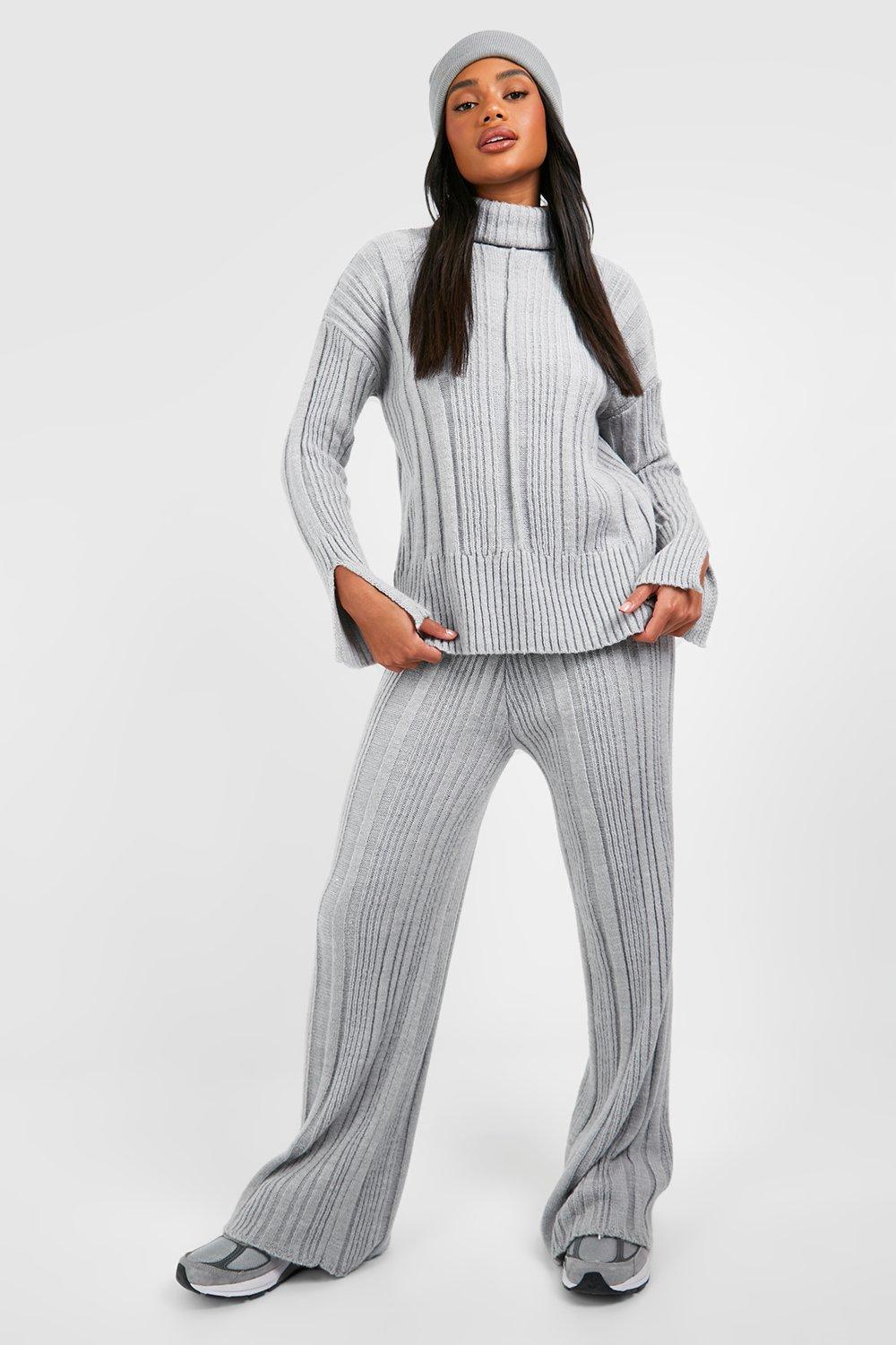 Soft Mixed Rib Knit Wide Leg Trousers, Grigio