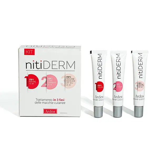 Nitiderm Kit Macchie Cutanee Peeling 15ml + Siero Schiarente 20ml + Protezione Molto Alta SPF50+ 20ml