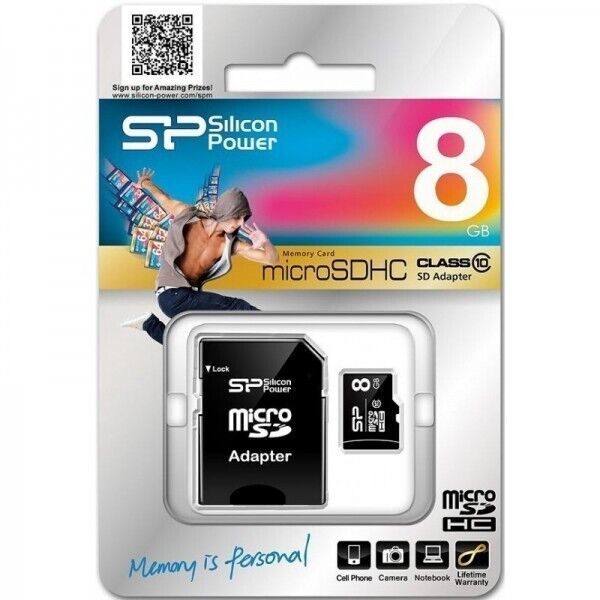 SILICON POWER microSDHC CARD 8 GB MICRO SD MEMORIA/ADATTATORE SP v10 CLASSE 10
