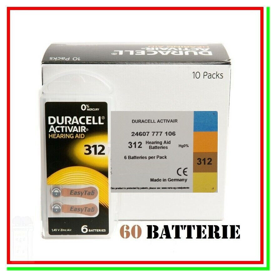 batterie per apparecchi acustici 312 duracell hearing aid 60 pile per protesi