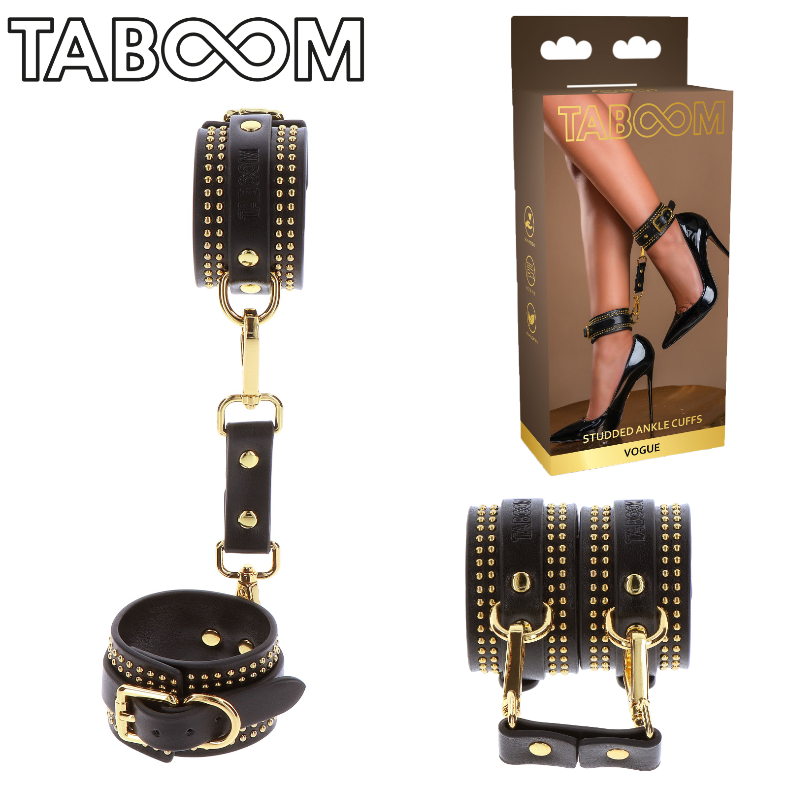 Cavigliere con Dettagli e Borchie Color Oro e Ecopelle Nera BDSM Ankle Cuffs