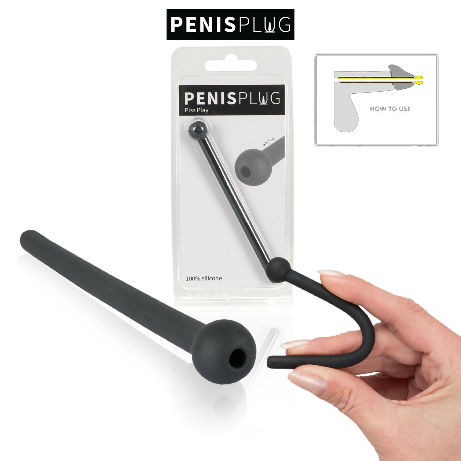 Penisplug Piss Play Hollow - Ø 7 mm Silicone Urethal Black Dilator 10 cm Long