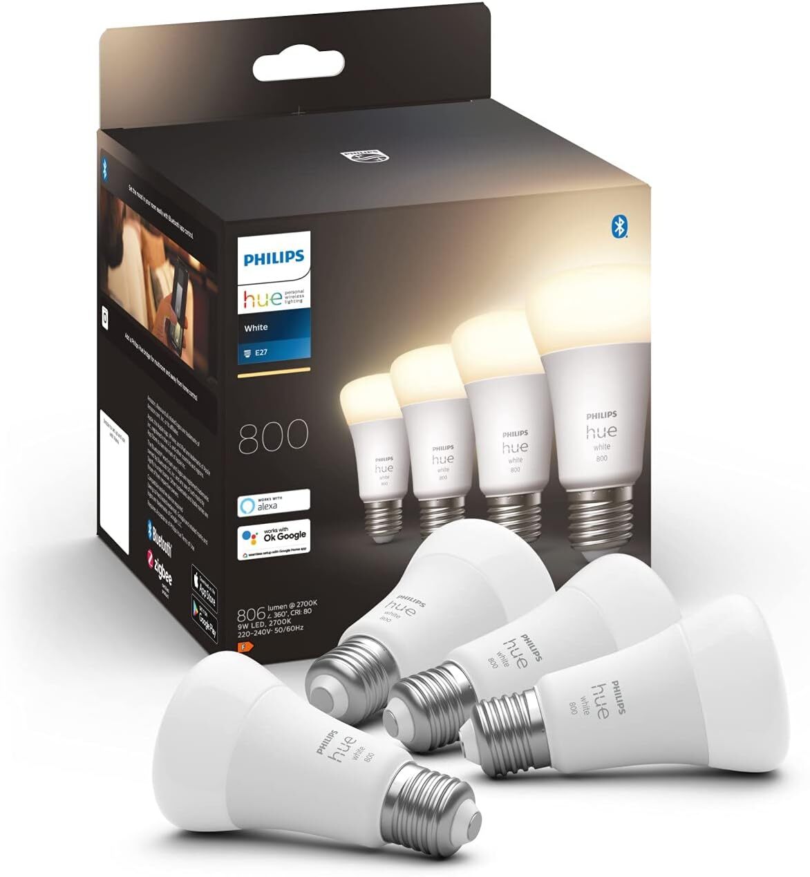 Philips Hue White 4 Lampadine LED Smart, Bluetooh, 4 Unità (Confezione da 1)