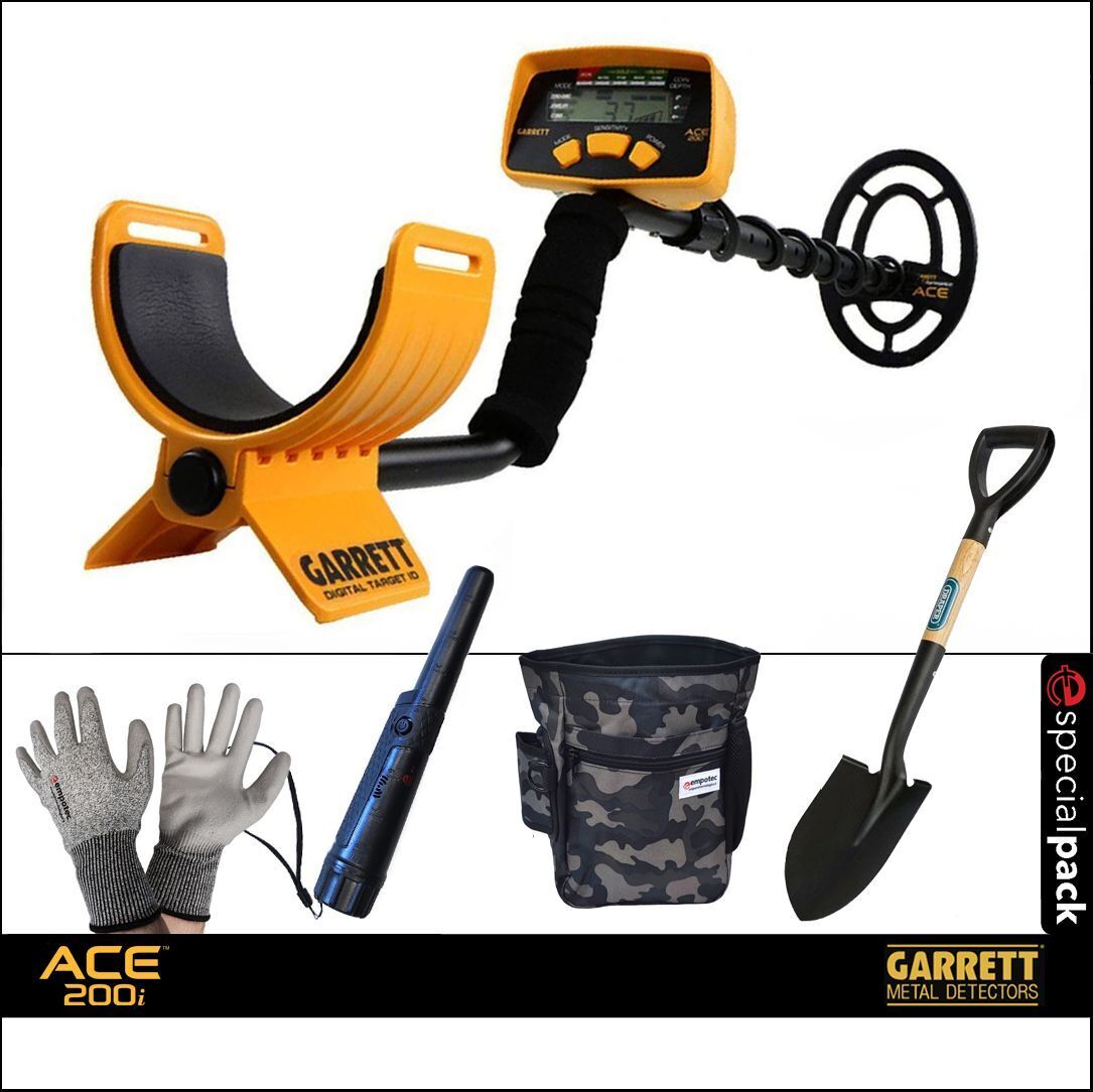 METAL DETECTOR ACE 200i GARRETT SPECIAL PACK PINPOINTER PALA MARSUPIO GUANTI