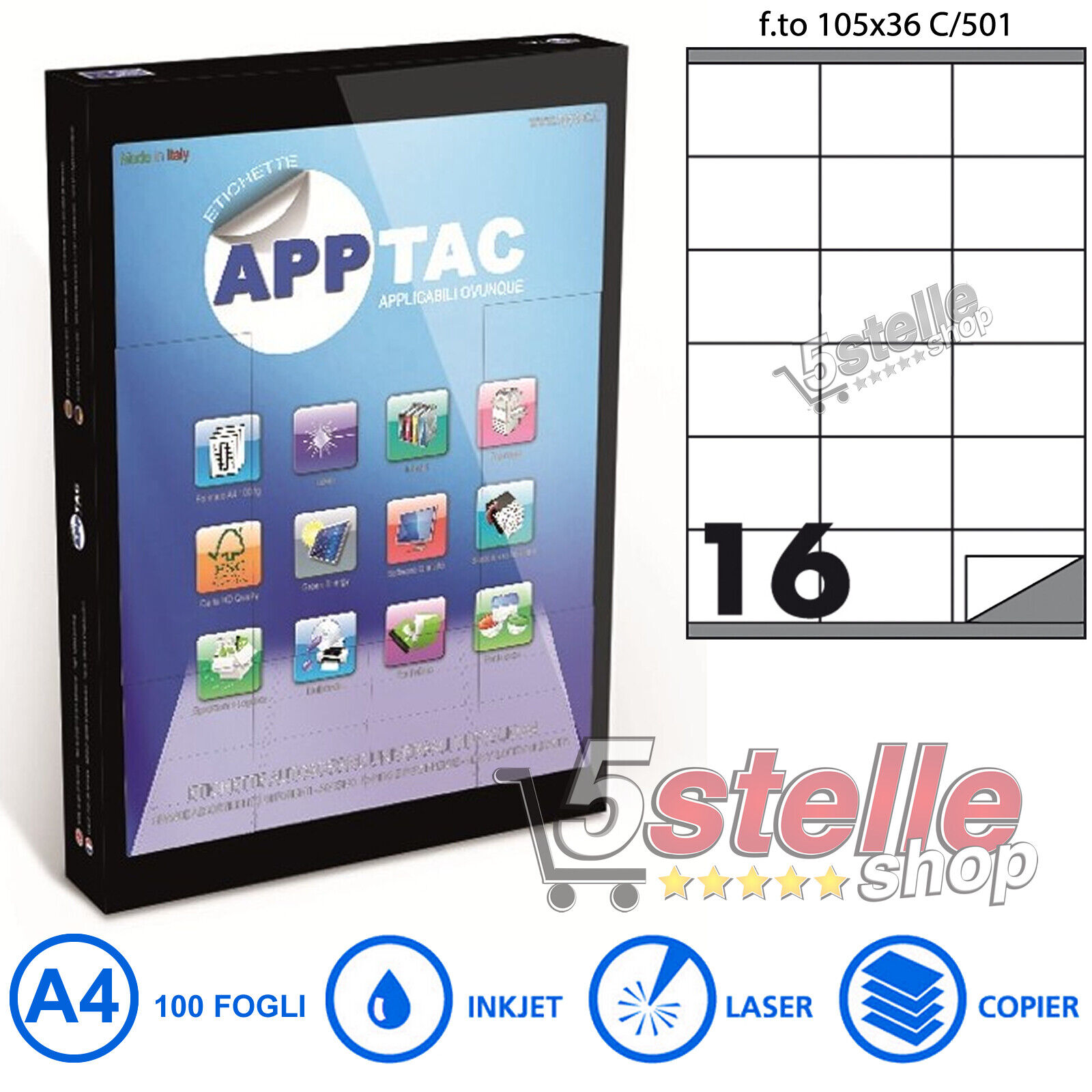 100 FOGLI A4 CARTA ADESIVA 1600 ETICHETTE 105x36 mm APPTAC C501 INKJET LASER