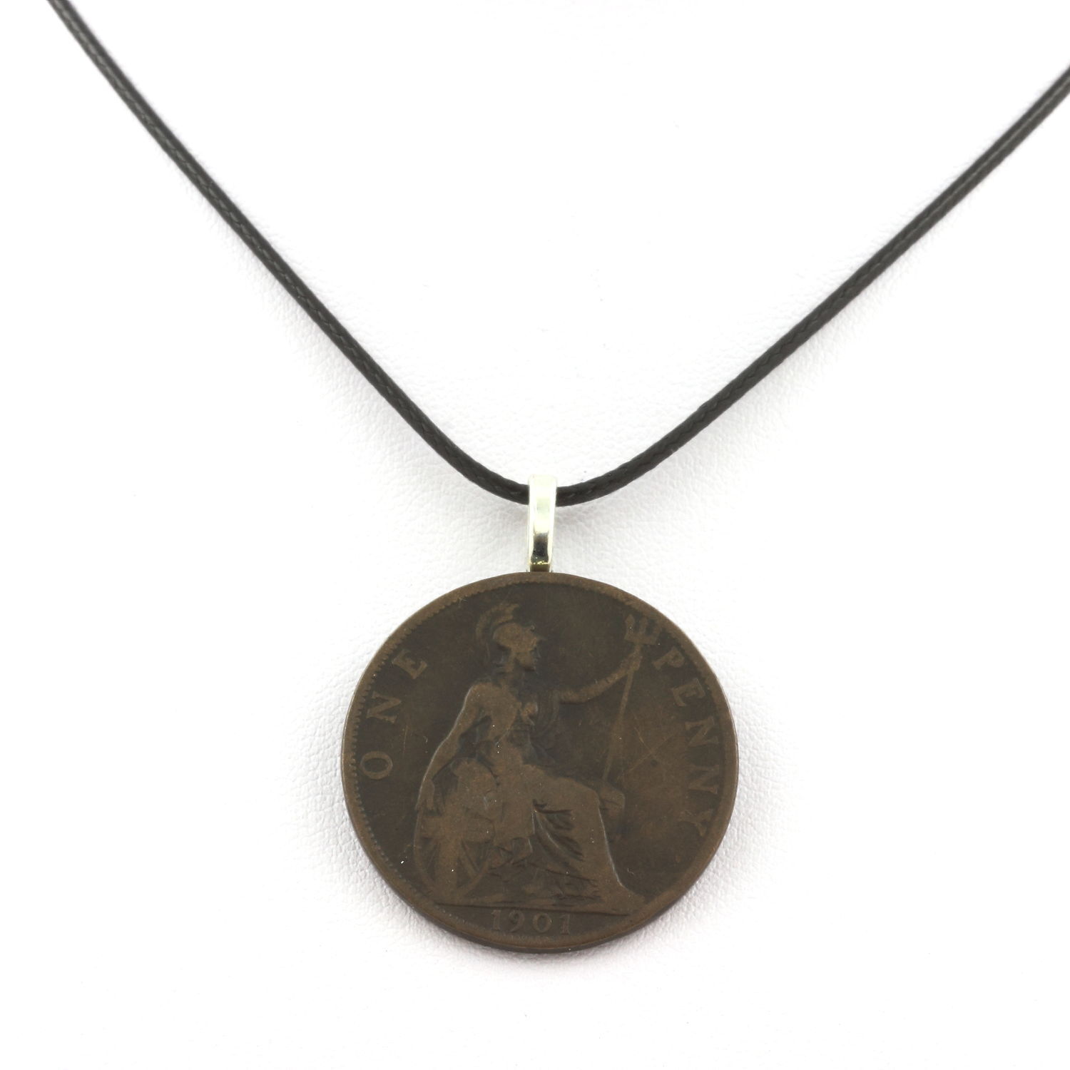 Collana Moneta Regno Unito 1 Penny Victoria ""Old Head"" Cordino Nero