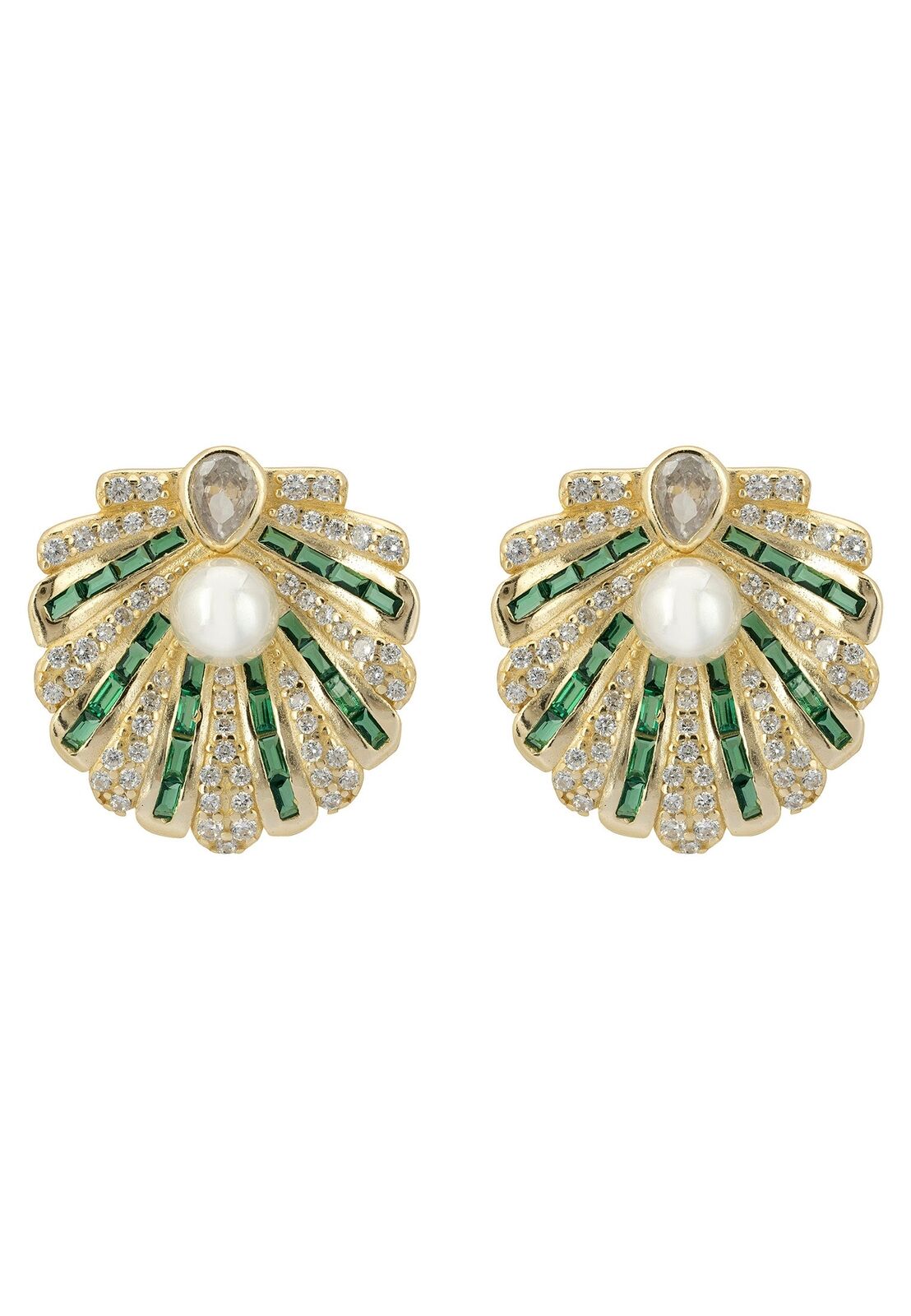 Art Déco Dentellata Orecchini Conchiglia Verde Smeraldo con Perla Oro